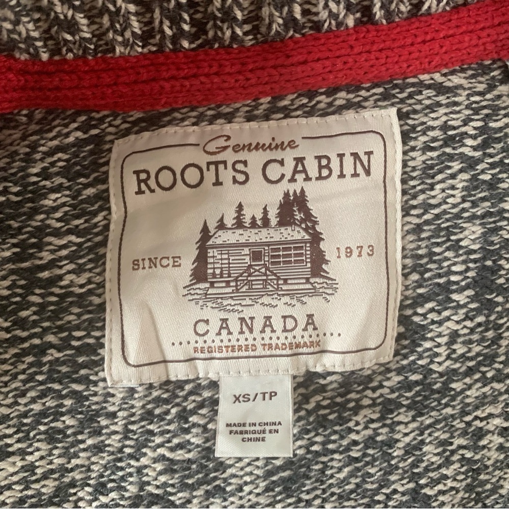 Roots Cabin Sweater Coat 3/4 Length Shawl Salt Pepper Knit Taupe, Red Cuff XS - Picture 9 of 12